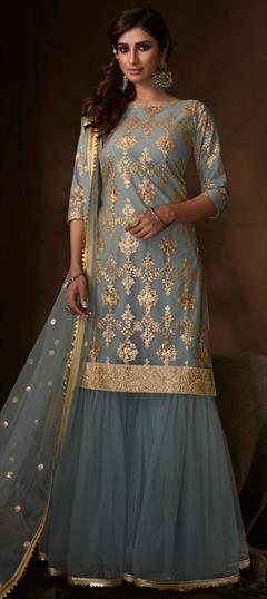 Eid, Engagement, Festive Blue color Salwar Kameez in Net fabric with Sharara Embroidered, Sequence, Thread, Zari work : 1676802