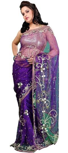167694: Bridal, Party Wear Purple and Violet color Saree in Net fabric with Moti, Sequence work