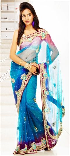 Bridal, Party Wear Blue color Saree in Net fabric with Resham, Thread work : 167696