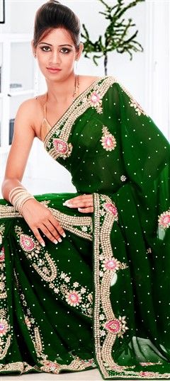167697 Green  color family Bridal Wedding Sarees,Party Wear Sarees in Georgette fabric with Cut Dana,Resham,Thread work   with matching unstitched blouse.