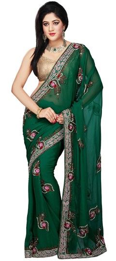 167709 Green  color family Bridal Wedding Sarees,Party Wear Sarees in Chiffon fabric with Cut Dana,Resham,Thread,Zircon work   with matching unstitched blouse.