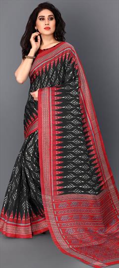 Traditional Black and Grey color Saree in Khadi fabric with Bengali, South Printed work : 1677757