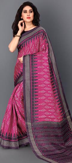 Traditional Pink and Majenta color Saree in Khadi fabric with Bengali, South Printed work : 1677758