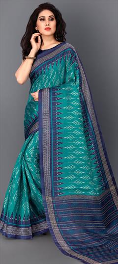 Traditional Blue color Saree in Khadi fabric with Bengali, South Printed work : 1677759