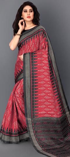Traditional Red and Maroon color Saree in Khadi fabric with Bengali, South Printed work : 1677760