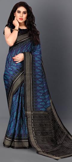 Traditional Blue color Saree in Khadi fabric with Bengali, South Printed work : 1677761