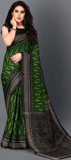 Traditional Green color Saree in Cotton fabric with Bengali, South Printed work : 1677762