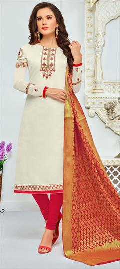 Festive, Party Wear White and Off White color Salwar Kameez in Chanderi Silk fabric with Churidar Embroidered, Resham, Stone, Thread, Zari work : 1677896
