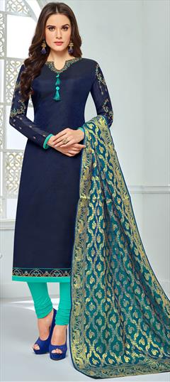 Festive, Party Wear Blue color Salwar Kameez in Chanderi Silk fabric with Churidar Embroidered, Resham, Stone, Thread, Zari work : 1677897