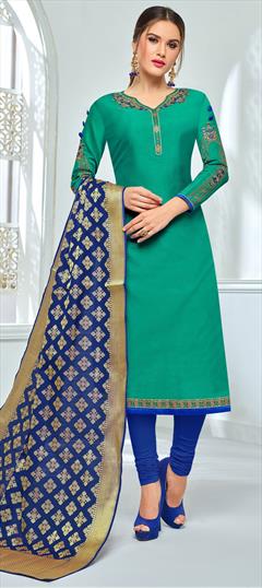 Festive, Party Wear Green color Salwar Kameez in Chanderi Silk fabric with Churidar Embroidered, Resham, Stone, Thread, Zari work : 1677898