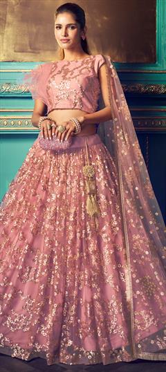 Festive, Mehendi Sangeet, Wedding Pink and Majenta color Lehenga in Net fabric with A Line Sequence, Thread, Zari work : 1678122