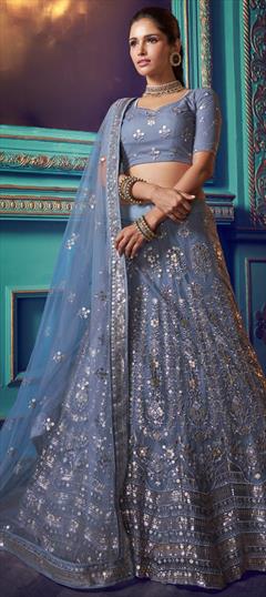 Engagement, Festive, Mehendi Sangeet Blue color Lehenga in Net fabric with A Line Sequence, Thread, Zari work : 1678125