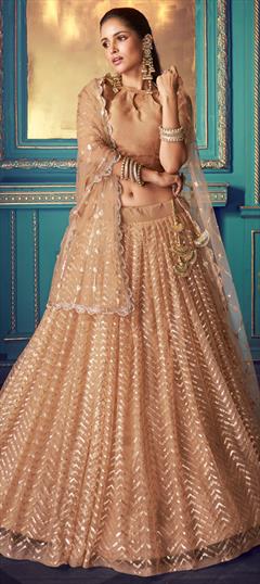 Festive, Mehendi Sangeet, Wedding Beige and Brown color Lehenga in Net fabric with A Line Sequence, Thread, Zari work : 1678126