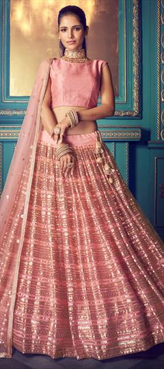 Festive, Mehendi Sangeet, Wedding Pink and Majenta color Lehenga in Net fabric with A Line Sequence, Thread, Zari work : 1678129