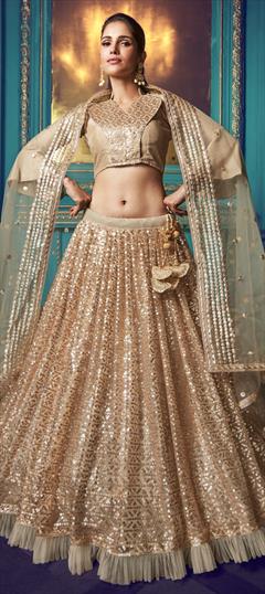 Festive, Mehendi Sangeet, Wedding Beige and Brown color Lehenga in Net fabric with A Line Sequence, Thread, Zari work : 1678131