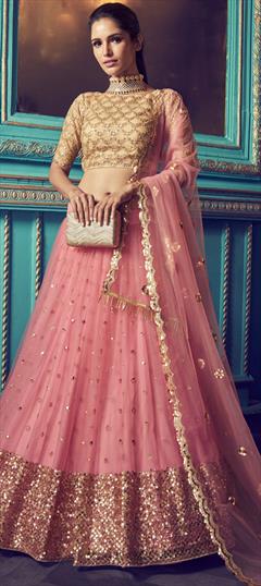 Festive, Mehendi Sangeet, Wedding Pink and Majenta color Lehenga in Net fabric with A Line Sequence, Thread, Zari work : 1678136