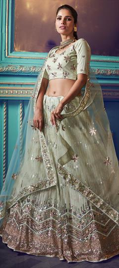 Festive, Mehendi Sangeet, Wedding Green color Lehenga in Net fabric with A Line Sequence, Thread, Zari work : 1678139