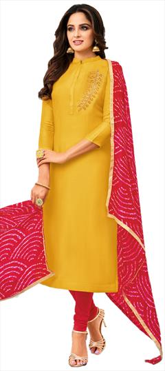Casual Yellow color Salwar Kameez in Cotton fabric with Churidar Embroidered, Thread work : 1678566