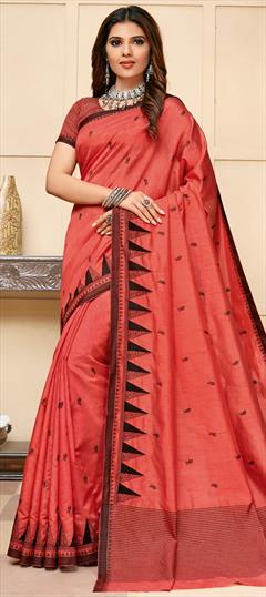 Traditional Red and Maroon color Saree in Raw Silk, Silk fabric with South Embroidered, Thread work : 1678821