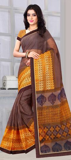 Casual, Traditional Beige and Brown, Yellow color Saree in Kota Silk, Silk fabric with South Printed work : 1678933