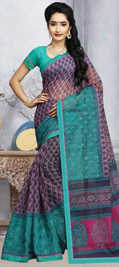 Casual, Traditional Blue, Purple and Violet color Saree in Kota Silk, Silk fabric with South Printed work : 1678937