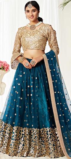 Engagement, Reception, Wedding Blue color Lehenga in Net fabric with A Line Sequence work : 1679044