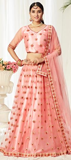 Bridal, Wedding Pink and Majenta color Lehenga in Net fabric with A Line Embroidered, Resham, Sequence, Thread work : 1679050