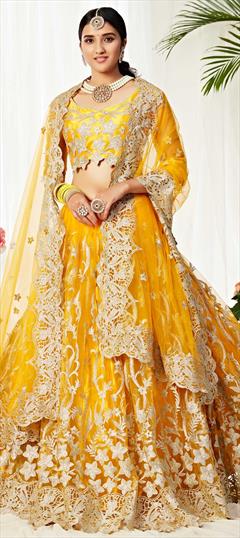 Bridal, Wedding Yellow color Lehenga in Net fabric with A Line, Straight Embroidered, Thread work : 1679052