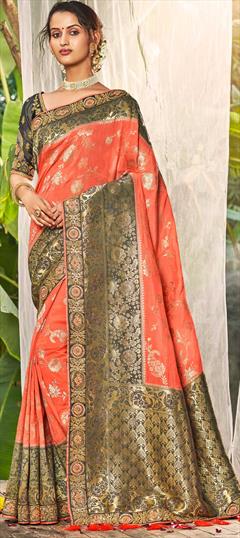 Traditional Pink and Majenta color Saree in Banarasi Silk, Silk fabric with South Border, Bugle Beads, Stone, Weaving work : 1679087