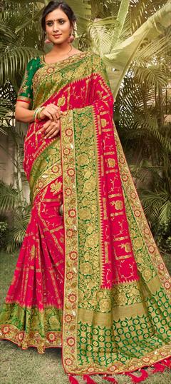 Bridal, Traditional, Wedding Pink and Majenta color Saree in Banarasi Silk, Silk fabric with South Border, Bugle Beads, Patch, Weaving work : 1679092
