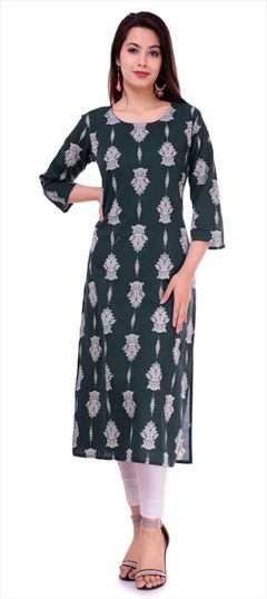 Casual Blue color Kurti in Cotton fabric with Long Sleeve, Straight Printed work : 1679196