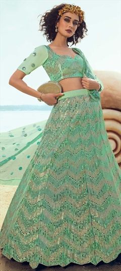 Festive, Wedding Green color Lehenga in Net fabric with A Line Sequence work : 1679288