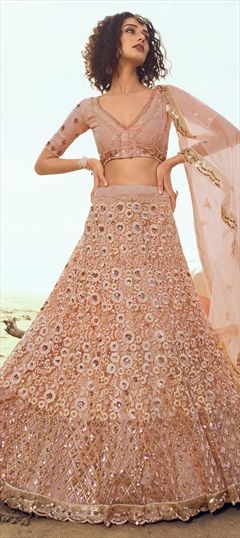 Festive, Wedding Pink and Majenta color Lehenga in Net fabric with A Line Embroidered, Sequence, Thread work : 1679289
