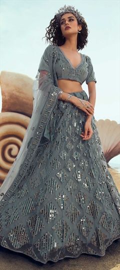 Festive, Wedding Black and Grey color Lehenga in Net fabric with A Line Sequence, Thread work : 1679291