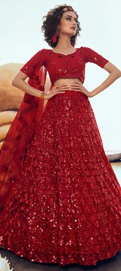 Festive, Wedding Red and Maroon color Lehenga in Net fabric with A Line Sequence work : 1679293