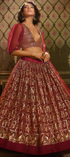 Festive, Wedding Red and Maroon color Lehenga in Net fabric with A Line Sequence work : 1679299