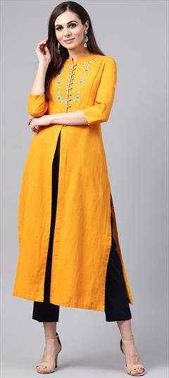 Casual Yellow color Tunic with Bottom in Rayon fabric with Thread work : 1679375