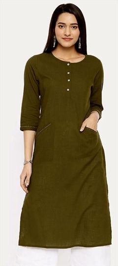 Casual Green color Kurti in Rayon fabric with Long Sleeve, Straight Thread work : 1679424