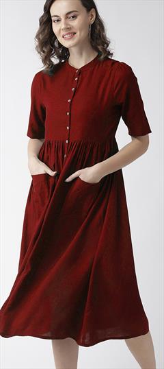 Casual Red and Maroon color Kurti in Rayon fabric with A Line, Short Thread work : 1679439