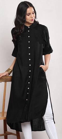 Casual Black and Grey color Kurti in Rayon fabric with Asymmetrical, Short Thread work : 1679450