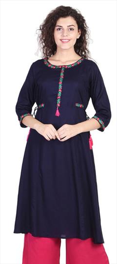 Casual Blue color Kurti in Rayon fabric with A Line, Long Sleeve Thread work : 1679499