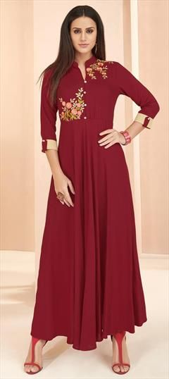 Casual Red and Maroon color Kurti in Rayon fabric with A Line, Long Sleeve Thread work : 1679503