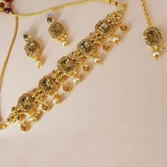 Beige and Brown color Necklace in Metal Alloy studded with CZ Diamond, Pearl & Gold Rodium Polish : 1679700