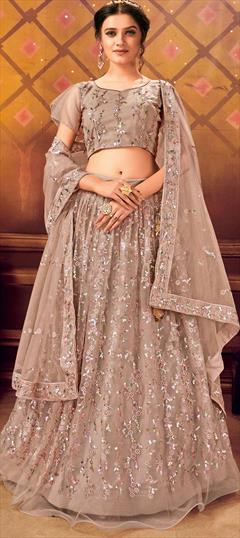 Festive, Party Wear Beige and Brown color Lehenga in Net fabric with A Line Embroidered, Sequence work : 1680165