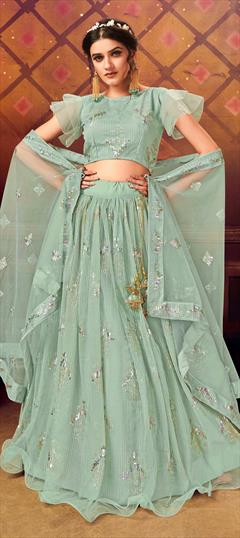 Festive, Party Wear Green color Lehenga in Net fabric with A Line Embroidered, Sequence work : 1680167