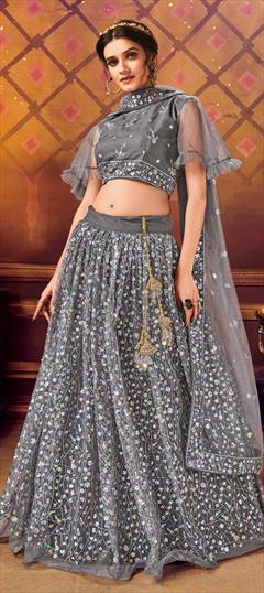 Festive, Party Wear Black and Grey color Lehenga in Net fabric with A Line Embroidered, Sequence work : 1680170