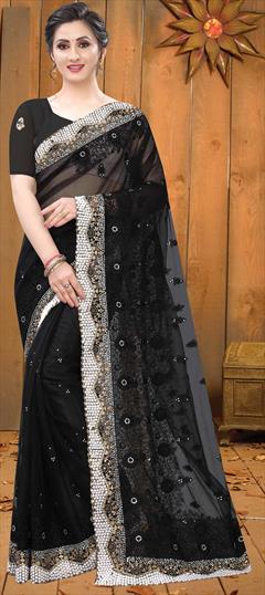 Party Wear, Wedding Black and Grey color Saree in Net fabric with Classic Embroidered, Moti, Resham, Stone, Thread, Zari work : 1680883