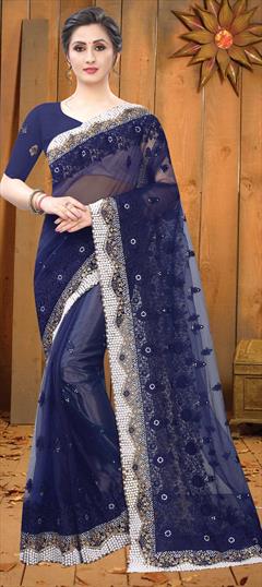 Party Wear, Wedding Blue color Saree in Net fabric with Classic Embroidered, Moti, Resham, Stone, Thread, Zari work : 1680885
