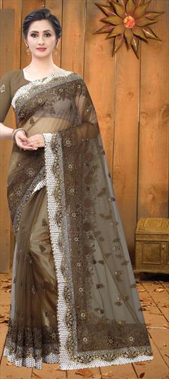 Party Wear, Wedding Beige and Brown color Saree in Net fabric with Classic Embroidered, Moti, Resham, Stone, Thread, Zari work : 1680894