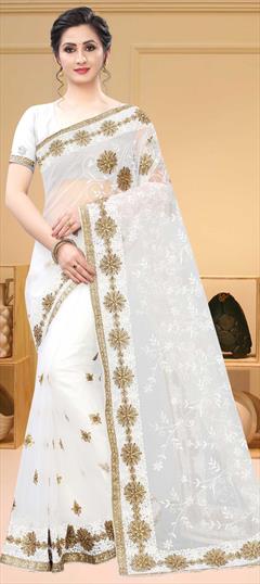Festive, Reception White and Off White color Saree in Net fabric with Classic Embroidered, Resham, Thread, Zari work : 1680908